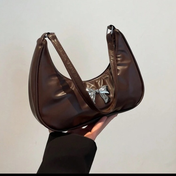 Brown leather shoulder bag with bow detail | armpit dumpling crescent moon purse - Picture 2 of 11